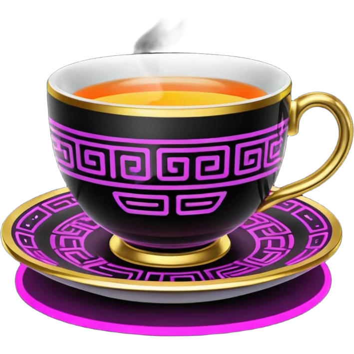  Unrealistic cyberpunk neon colprs, expensive tea cup with black and 14k gold pattern print emoji