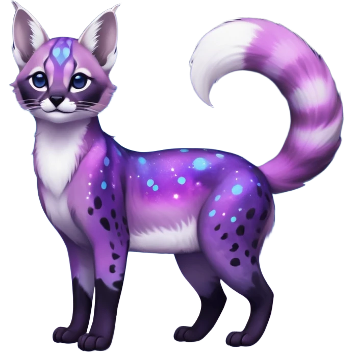 Colorful black-violet-indigo-purple-gradients nebulae nebula starry galactical shiny white-stars-spotted glorious iridescent divine exotic cute cool beautiful realistic caracal-civet-genet-sergal-vernid-Cacomistle-Trico-oncilla-animal-Fakémon-hybrid-fursona (full body) emoji