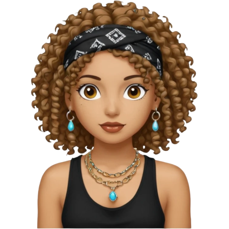 Baddie girl with black  tank top curly hairss and bandana and jwellery emoji