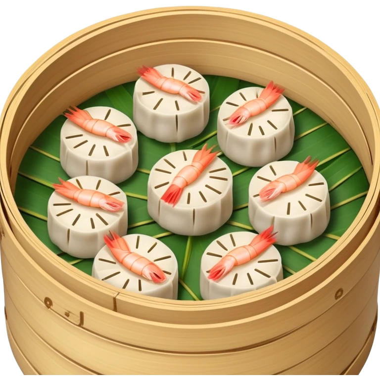 Cantonese dim sum bamboo steamer with shrimp dumplings, simplified emoji style with bold outlines and bright colors, cartoon style Chinese dim sum emoji