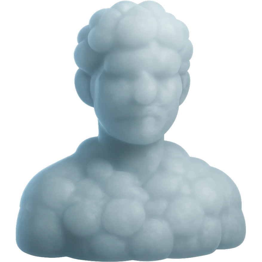 person looking straight, fully composed of white fluffy convex clouds, shoulder up emoji