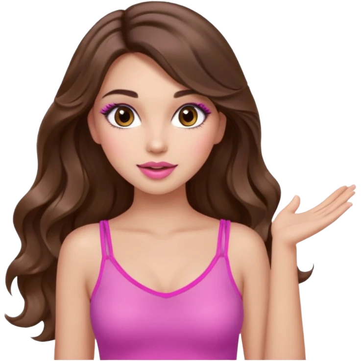 girl with long wavy brown hair, brown eyes, long lashes makeup, sexy pink lips, light to medium complexion, wearing a pink sexy top, one hand in the air high emoji