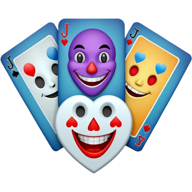 bunch of 3 poker cards, with crazy colorful human jolly jokers inside, inversed face emoji