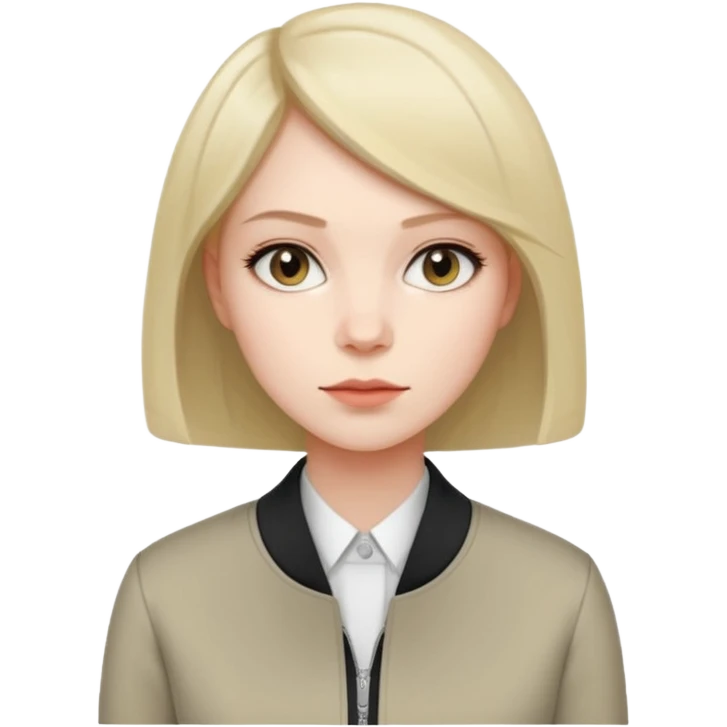 Женщина с аккуратным каре, нейтральное уверенное выражение лица, минималистичный жакет, стиль строгий и собранный. emoji