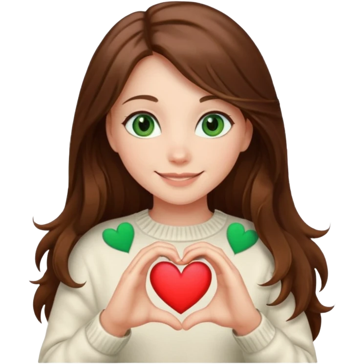 Girl green eyes brown long hair white warm sweater showing heart with her hands emoji