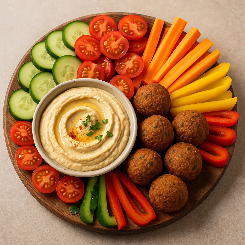 a Mediterranean vegetarian platter with hummus, falafel, and fresh vegetables emoji