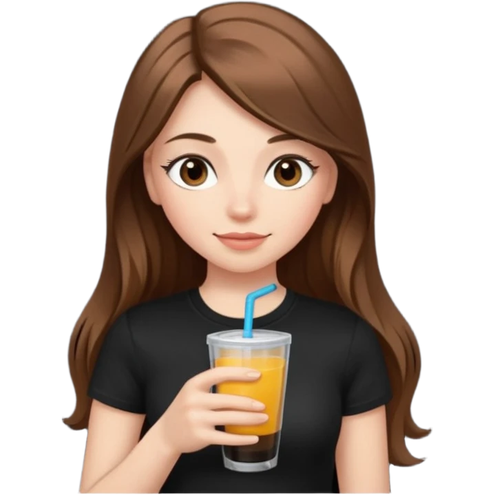girl with long brown hair, rosey cheeks, long eyelashes dressed with a black thight tshirt and a drink in her hand emoji