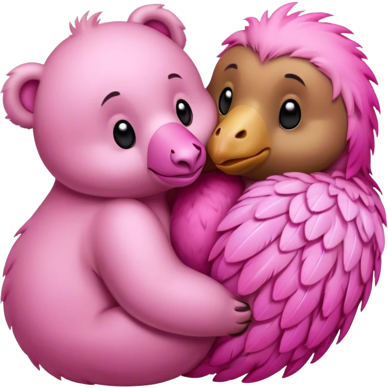 A bear and a pink dodo closely snuggled together:  Prompt: “An emoji representing a bear and a dodo snuggled closely together, symbolizing a couple. The bear has a soft and friendly appearance, while the dodo looks cute and expressive. They are leaning into each other emoji