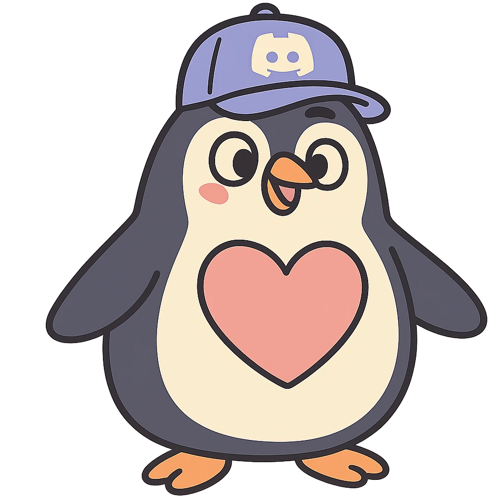 large penguin wearing a Discord hat with a large heart on its chest in pastel-toon style emoji
