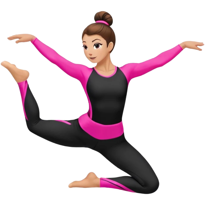 A female gymnast with brown hair in a neat bun, wearing black leggings and a T-shirt with neon pink elements, performing an acrobatic move. emoji