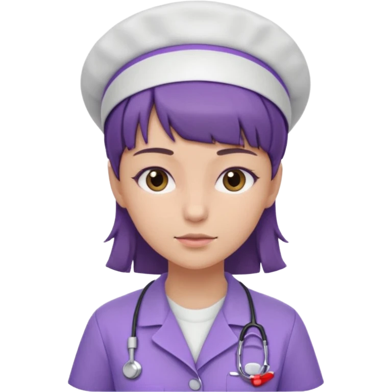 A young female slim nurse with short Brown hair with fringe over her forehead, wearing larvendar purple working cloth only no cap on her hair emoji