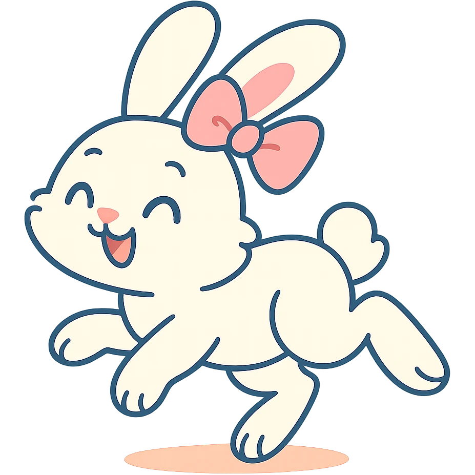 cutesy white bunny rabbit with a pink bow, hopping with floppy ears, pastel toon style emoji