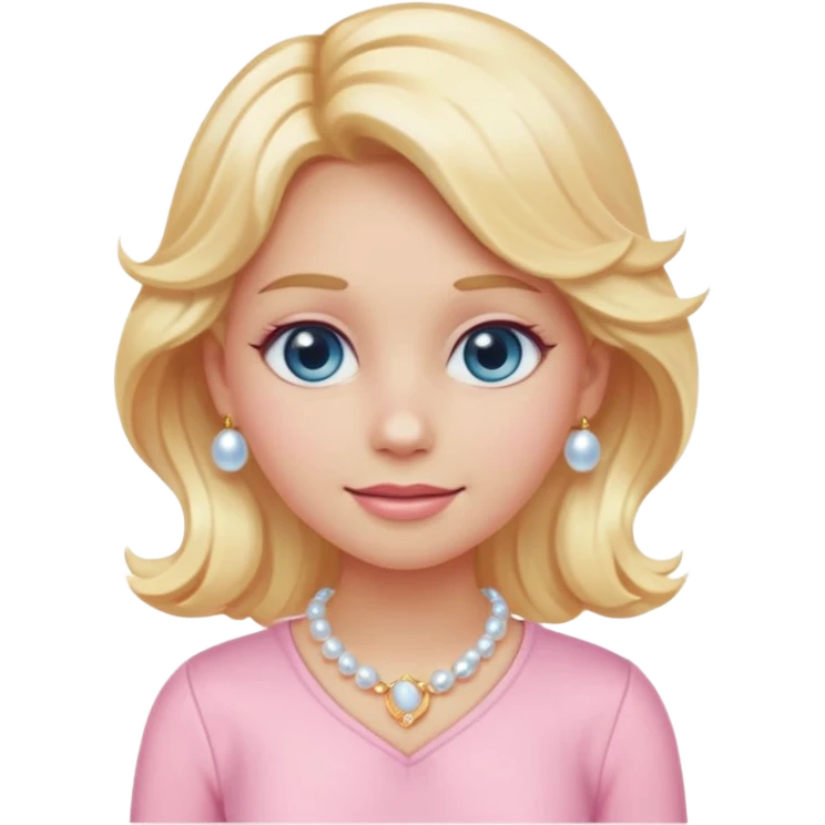 girl emoji with wavy light golden platinum blonde hair, light blue eyes, bright peachy-pink skin, pastel pink outfit #f3c3cf, pearl clip, and gold jewelry emoji