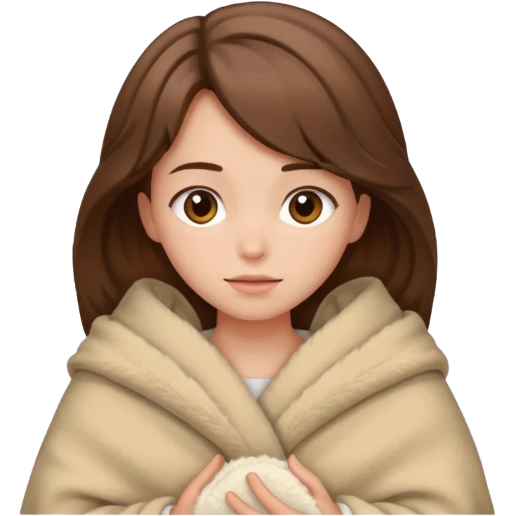 brown haired girl wrapped up in fluffy beige blanket emoji