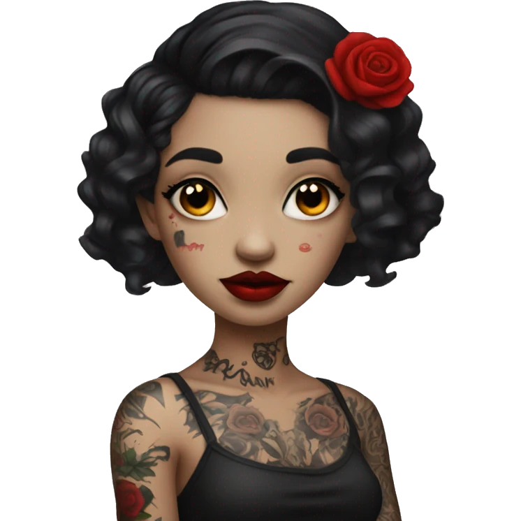 Pale black haired girl with black tattoos on body wearing red lipstick  emoji