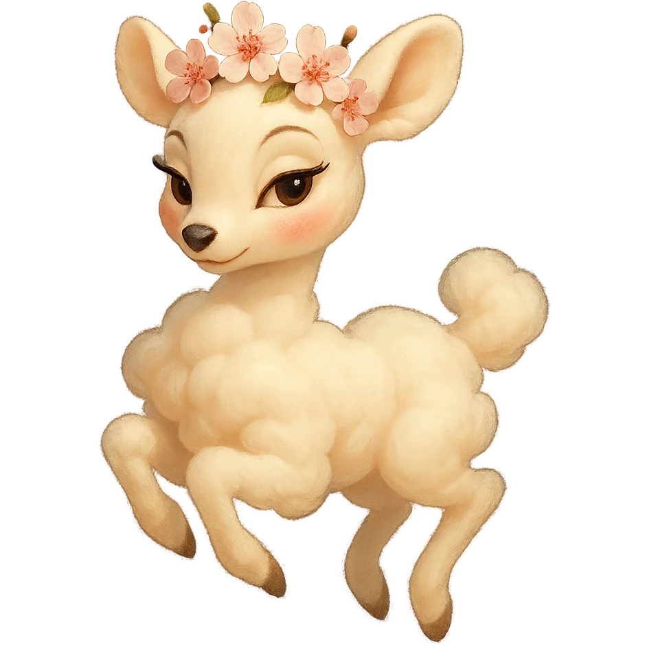 feminine vanilla cloud doe floating gracefully with rosy cheeks and cherry flowers on its head, Pixar-inspired art, touch of allure and sophistication, designed for social media brand identity, always tasteful emoji