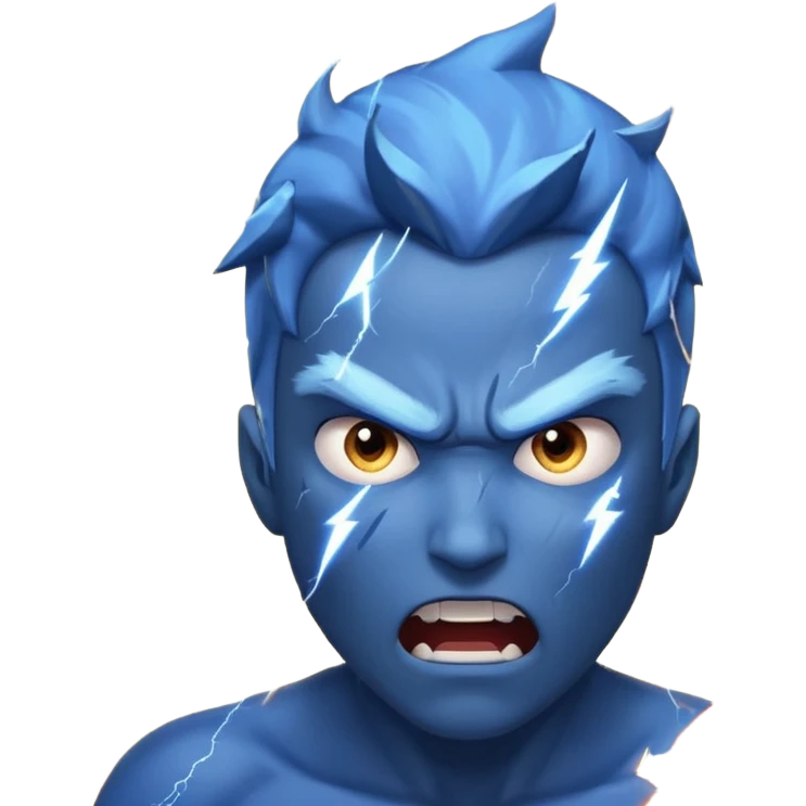 Rayos, centellas y estrellas en una cara color azul con expresiones de furia emoji