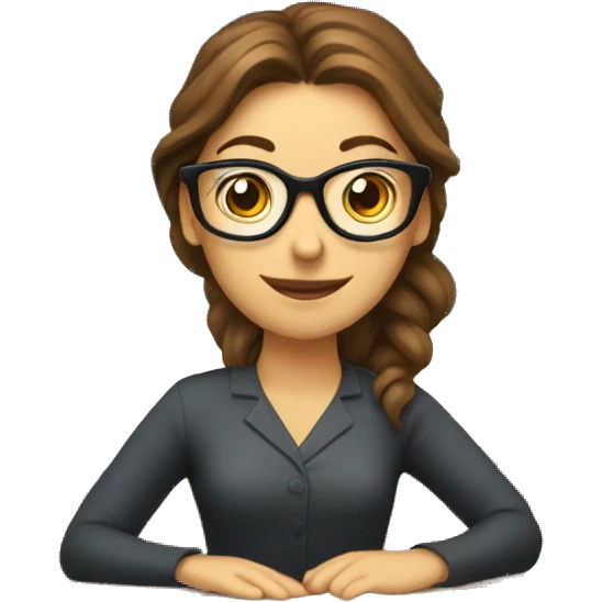 teacher, blue eyes, brown hair, ponytail woman, in front of blackboard, glasses emoji