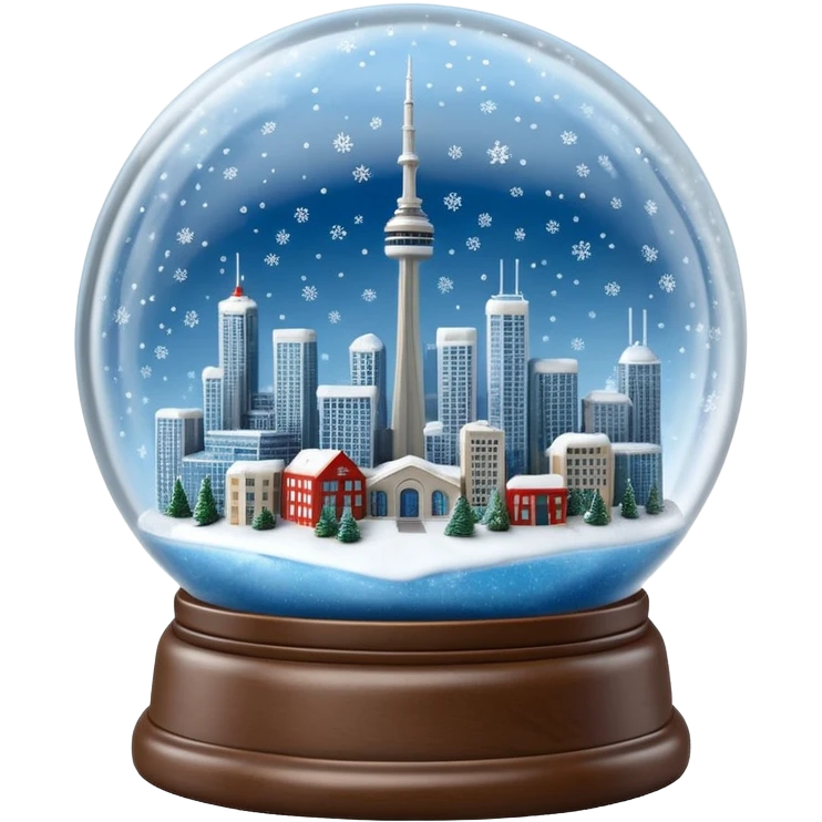 A Tiny beautiful hyperrealistic Glass Snow globe, with a miniature Toronto City,  showing the CN tower, skydome, highways and lake within the global, full of snow, expressing  a snow storm in ontario.  Isolated, 3D render  emoji