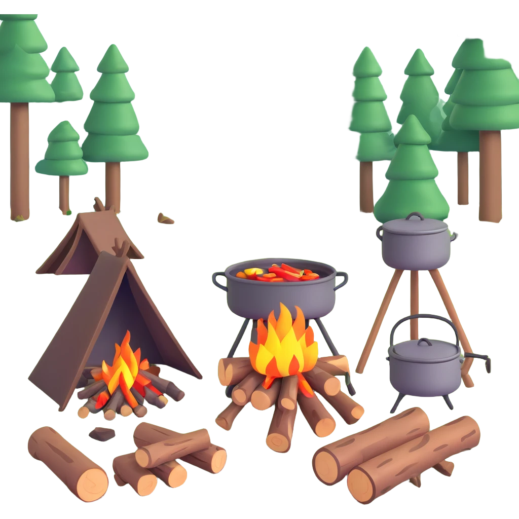 bushcraft campfire with cooking pot, wood logs, forest setting emoji