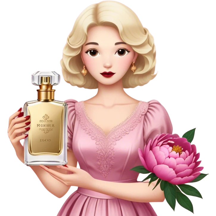 A delicate glass bottle of rosewater perfume with gold details beside lush pink peonies. Soft light enhances the romance, while a dark red velvet backdrop adds vintage glamour."
 emoji