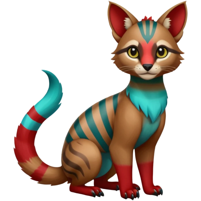 Colorful dark green blue Cyan red crimson striped tropical exotic cute cool beautiful shiny beautiful fantasy-caracal-civet-genet-sergal-vernid-Gryphon-Cacomistle-Trico-oncilla-animal-Fakémon-hybrid-fursona (full body) emoji