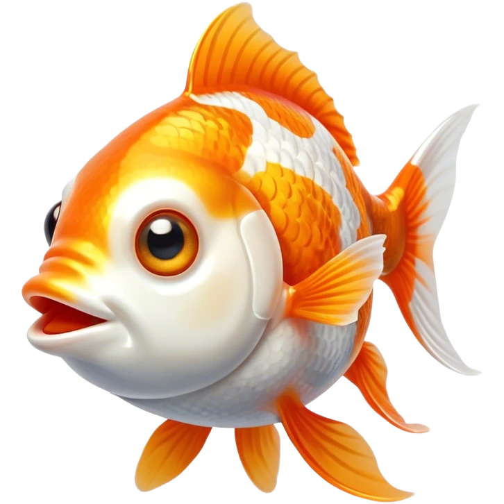 Cinematic Comical Orange and White Goldfish Portrait Emoji, Head tilted dramatically with an exaggeratedly amused expression, featuring a striking body with bold orange and white patterns, wide, expressive golden eyes filled with playful disbelief, Simplified yet hilariously expressive features, highly detailed, glowing with a slightly sassy glow, high shine, dramatic yet playful, stylized with an air of cheeky mischief, bright and endearing, soft glowing outline, capturing the essence of a spirited and over-the-top goldfish, so meme-worthy it feels like it could side-eye its way into internet fame instantly! emoji