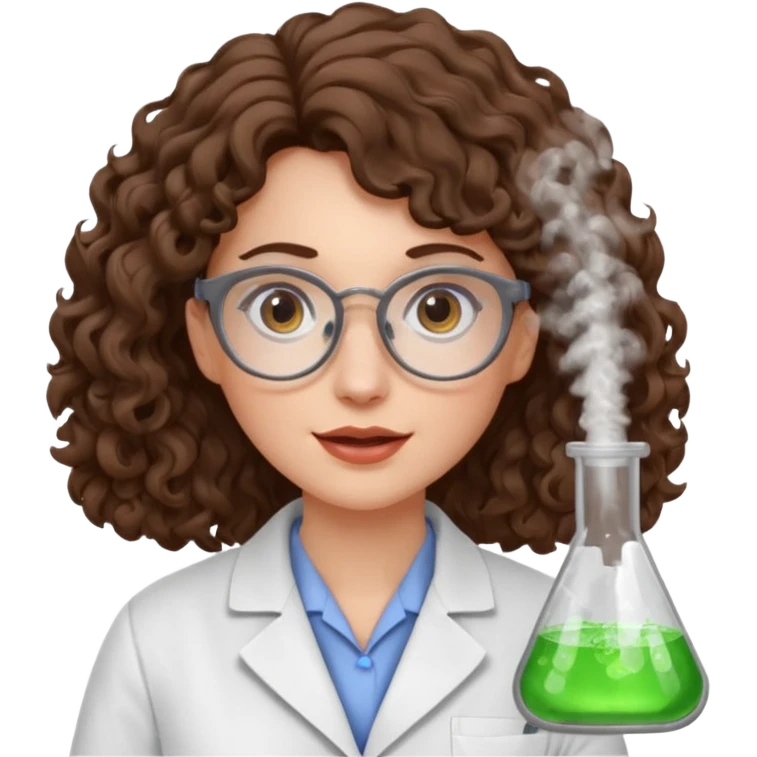 A crazy female scientist, with curly-wavy brown hair, brown eyes and grey glasses and oale skin  emoji