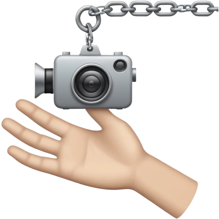 Minimalist emoji-style sticker of a human hand bound by a chain leading to a video camera. Icon-like, clean silhouette, muted tones. emoji