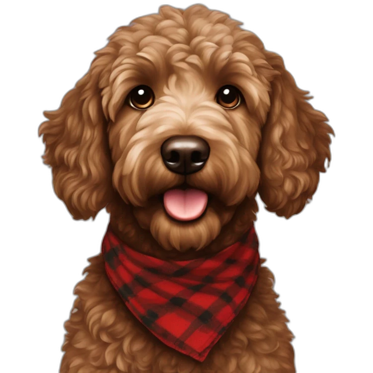 Chocolate brown colored golden doodle with a red and black flannel hankerchief emoji