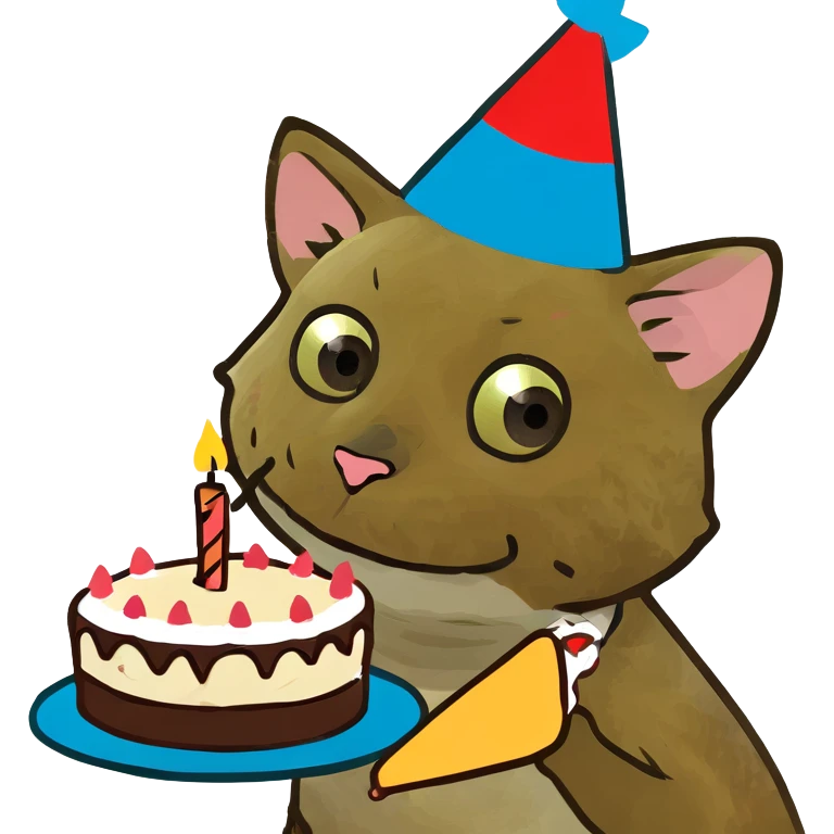 ginger tabby kitten with birthday hat and cake, surrounded by balloons and presents, joyful mood emoji