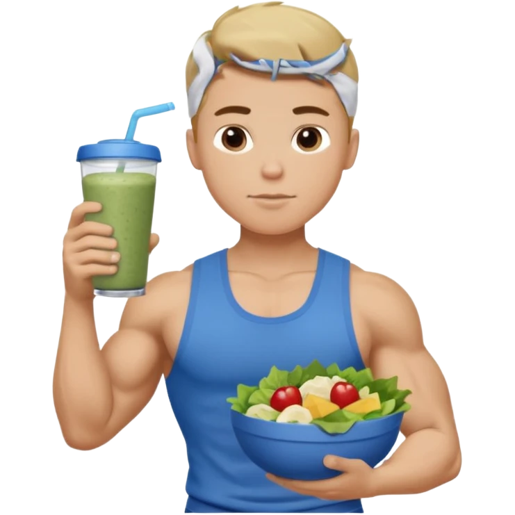 A young male person with a muscular, well-defined build. He has short dark blonde hair, a medium light skin tone, and a neutral facial expression. He wears blue cloth. He is holding a salad in one hand and a protein shake in the other. emoji