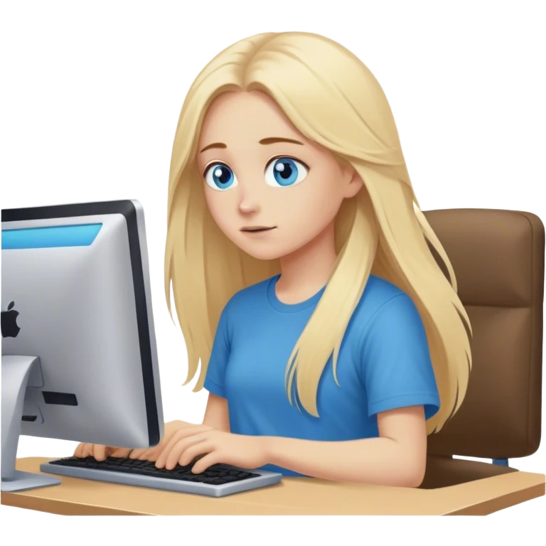 Cinematic realistic blonde with long hair, blue eyes, dressed in a T-shirt, working at a computer in a cozy atmosphere emoji