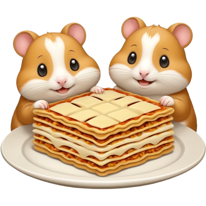 cartoon-style hamster sharing lasagna with other cartoon-style hamsters emoji