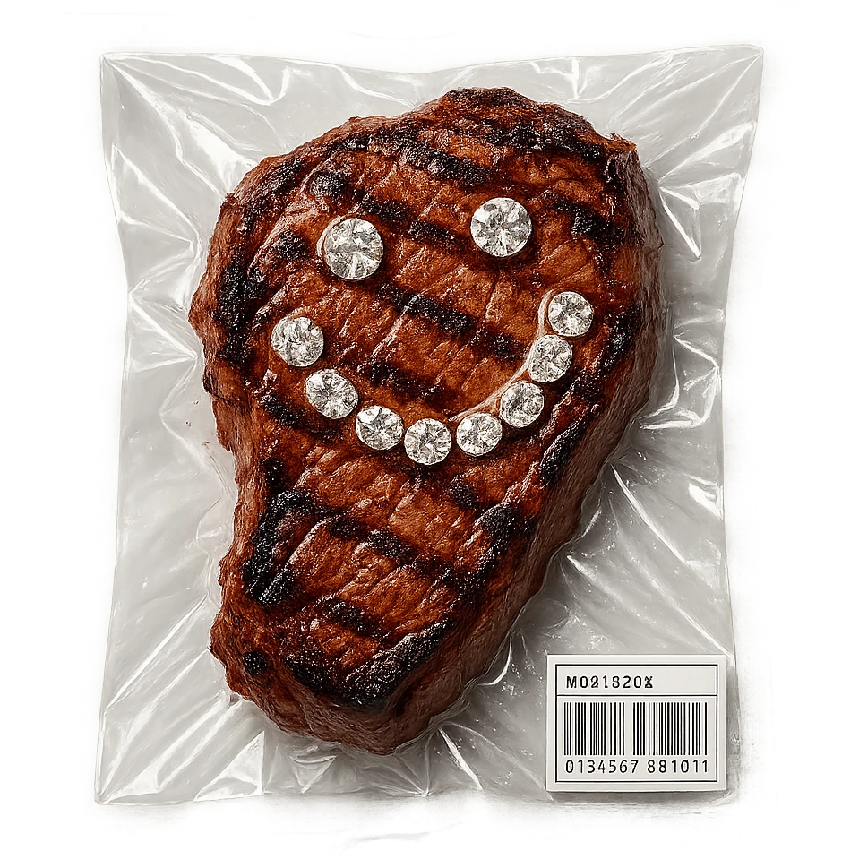 grilled steak with scattered diamonds, glossy, vacuum-sealed style emoji