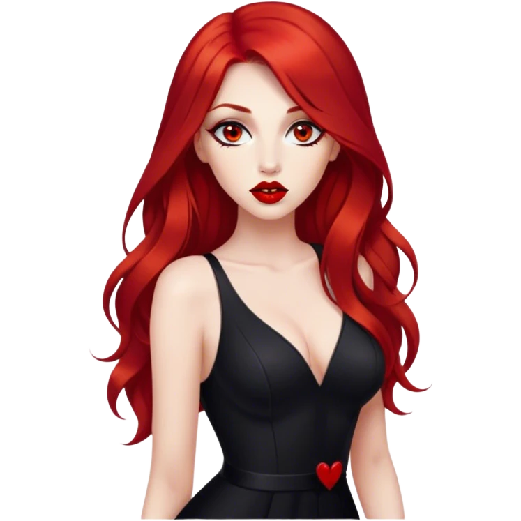 a pretty woman with long red hair and red eyes. The woman wear a black little cutted dress. She have red lipstick and she have a seductive look. She do a kiss emoji