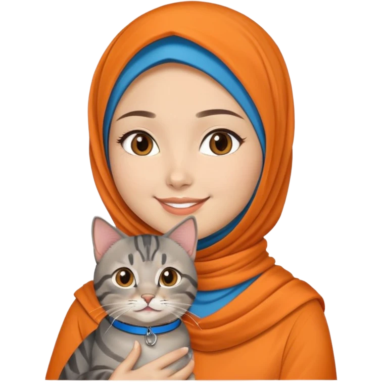 Asian White girl wearing orange hijab holding a black grey tabby cat while smiling. The cat is wearing a blue collar emoji