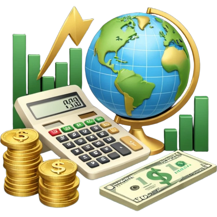 An icon featuring a calculator, a dollar sign, and a chart with upward trends, symbolizing economics. The design includes coins, bills, and a globe, representing global trade and financial systems. Transparent background highlights the study of markets, supply, and demand. emoji