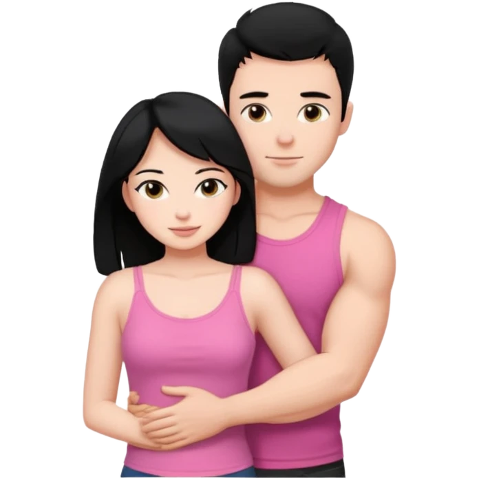 a pretty bratz fair girl. black hair, wearing a pink cami top, she is hugging a handsome fair guy with black hair. lean but muscular.the boy is wearing a black tshirt emoji