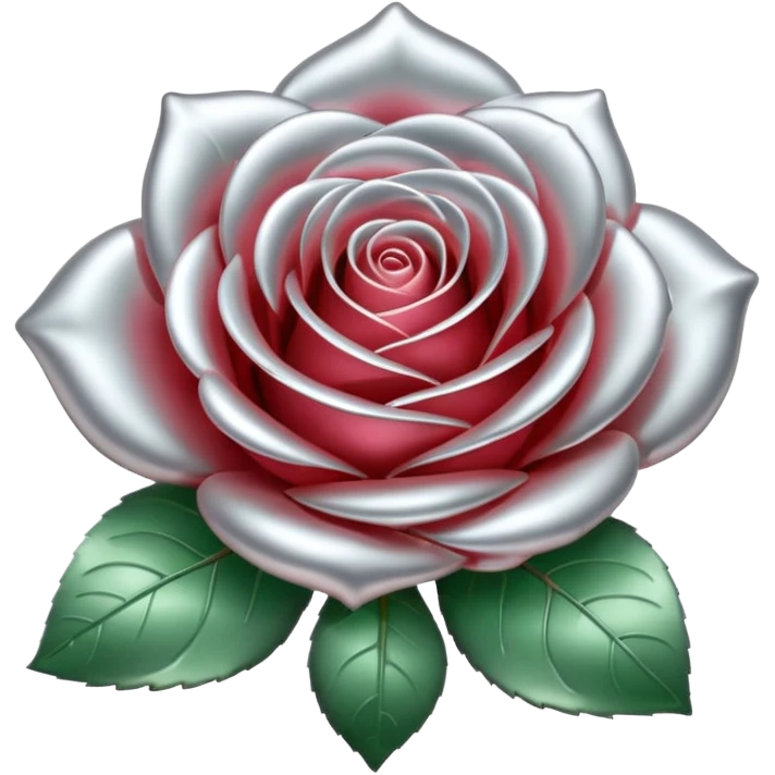 A rose emoji made of liquid silver metal, smooth metallic petals, reflective chrome surface, soft gradients, elegant shape, minimalistic iOS emoji style, centered, clean white background, realistic highlights, no text emoji