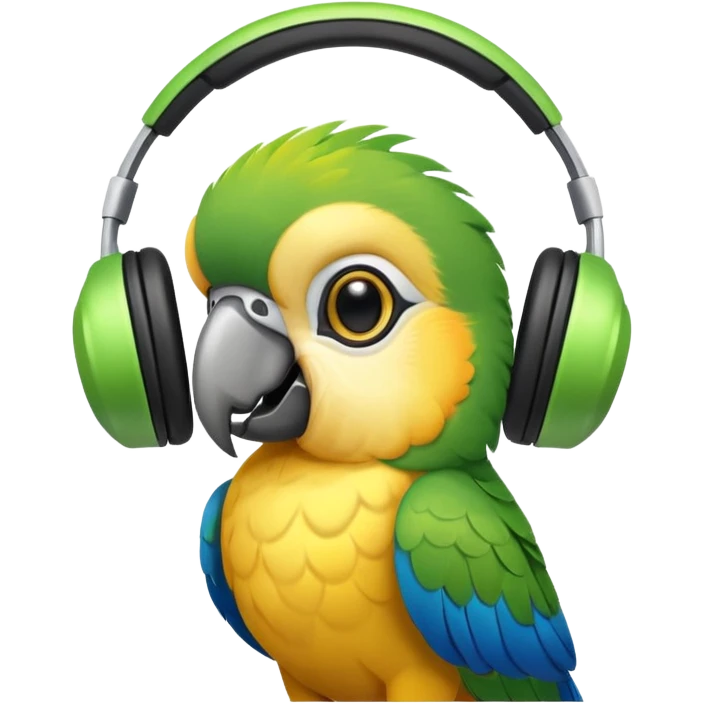 A parrot with its eyes turned upside down with a headset that dances in rhythm as if it were crazy emoji