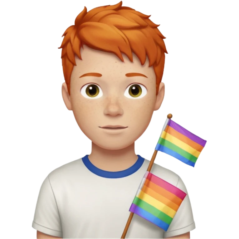 A gay, ginger, young, freckled, boy with a shirt with JUDE on it holding a pride flag emoji