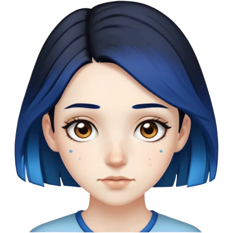 Pale girl with brown eyes and freckles, black hair, with two strips of blue hair emoji