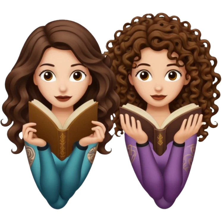 spell confusion — long wavy brown hair tattooed woman and short tight curly brown hair woman — scroll upside down emoji