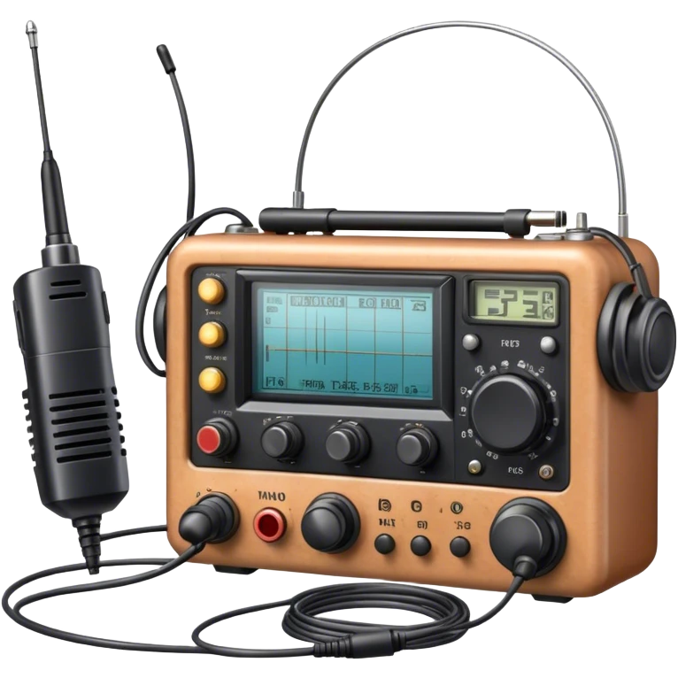 A photorealistic icon featuring a ham radio transceiver, headphones, microphone, antenna, and radio equipment like soldering tools and cables. The design includes detailed textures and realistic lighting, symbolizing the passion for amateur radio and communication. Transparent background. emoji
