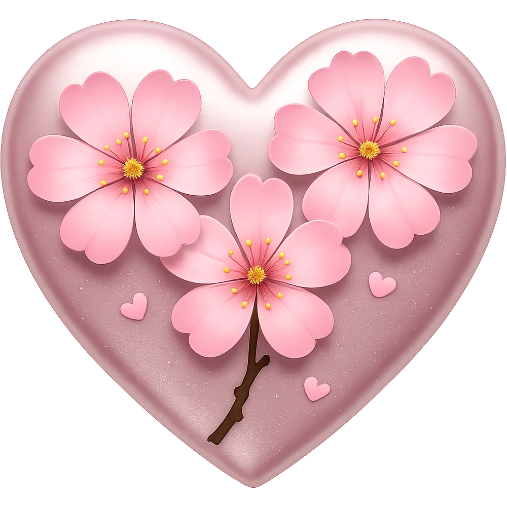 Enhance the silver highlights and overlay on the heart with sakura blossom in the style of apple emojis. Keep the style consistent with apple emoji style and ensure no background (transparent). emoji