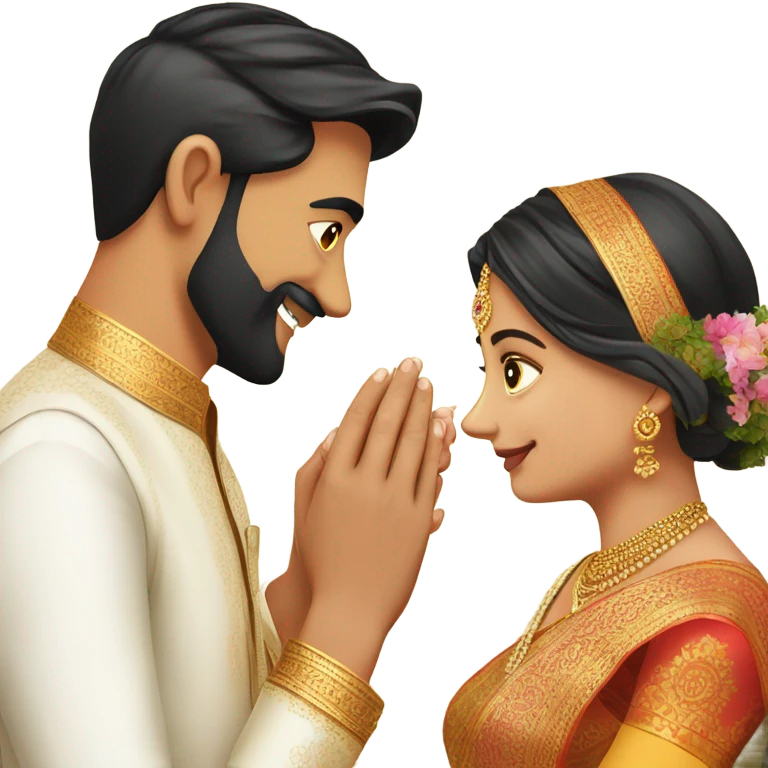 groom wearing veshti and shirt putting engagement ring to bride wearing silk saree emoji