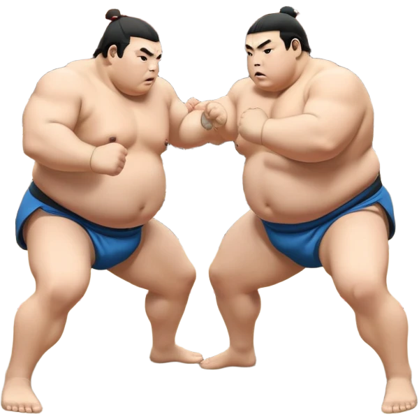 Two sumo wrestlers in a classic dohyo ring, each displaying powerful stances and ready to engage in a fierce match. One wrestler attempts a pushing attack, while the other counters with a thrust. The background shows the traditional sumo arena and spectators. Transparent background. emoji