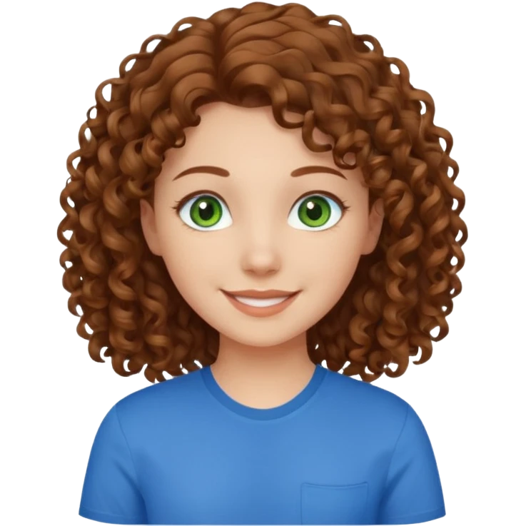 girl with brown hair, green eyes with a blue shirt no background ,young with curly hair smileing emoji