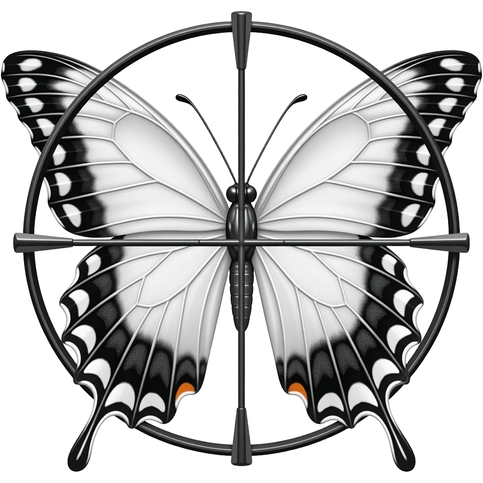 butterfly, 3D emoji gothic butterfly, white velvet, white filigree, white lace trim, black, elegant sniper crosshair overlay emoji